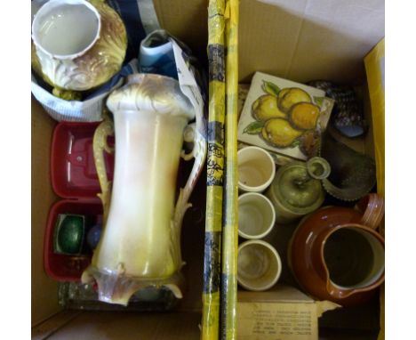 A Collection of Ceramics and Glassware, to include a pair of Victorian vases and a hunting jug