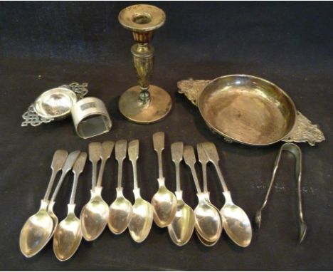 A Continental White Metal Two Handled Bowl, together with twelve silver teaspoons, a pair of silver sugar tongs, a silver sma