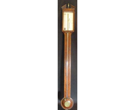 A George III Mahogany and Chequerline Inlaid Stick Barometer, the silvered dial with thermometer and inscribed 'Caminadal'