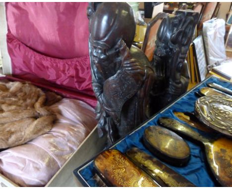 A Pair of Large Japanese Carved Figures, together with other items to include fur coats, an Art Deco mantel clock and a dress