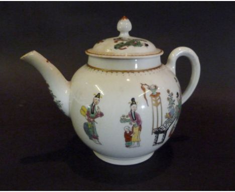An Early Worcester Porcelain Teapot, decorated in an Oriental style with figures and implements, 15 cms tall