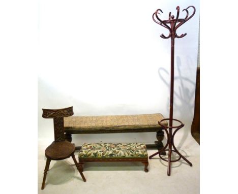 An Oak Bench Seat, together with a similar long stool, a carved spinning chair and a bentwood hat and coat stand