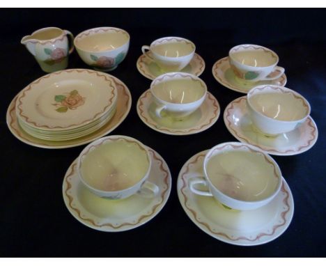 A Susie Cooper Tea Service, comprising six cups and saucers, six plates, a dish, bowl and jug