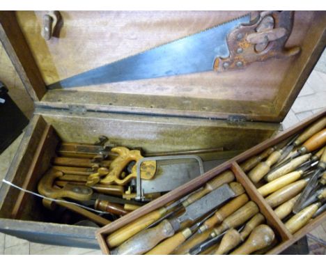 A Painted Pine Box, containing a collection of early tools to include chisels, moulding planes, a saw and other related items