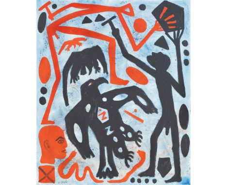 A.R. Penck (Dresden 1939 – 2017 Zürich). „ÜBER DEM ADLER II“. 2000Acryl auf Leinwand. 120 × 90 cm (47 ¼ × 35 ⅜ in.). Unten li