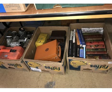 Three boxes of assorted, to include tools and books etc.