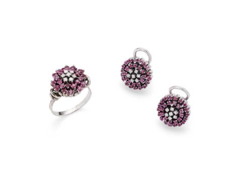 A pair of ruby and diamond cluster earrings and matching ring each set with a cluster of single-cut diamonds in a double bord