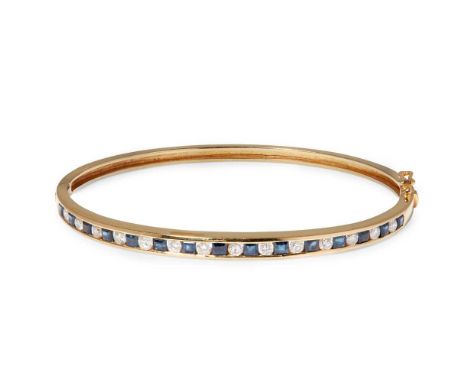 A sapphire and diamond bangle and  ring the bangle of hinged design, channel-set with alternating brilliant-cut diamonds and 