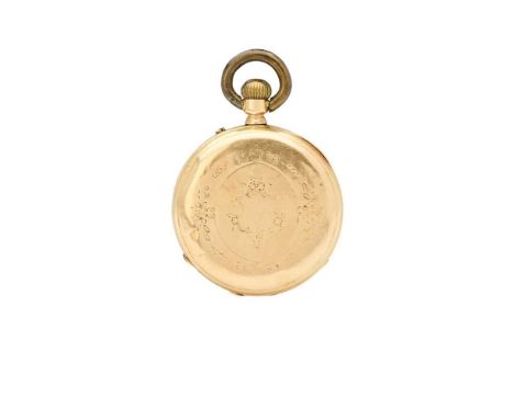 A 19th century gold pocket watch open face, keyless wind, unsigned movement, round white enamel dial with Roman numerals in b