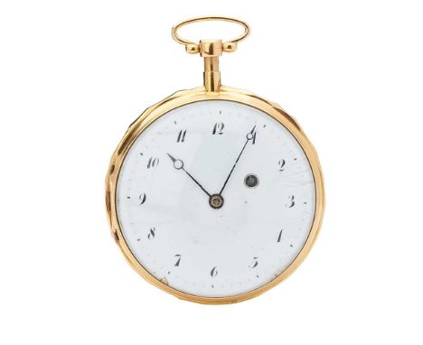 An early 19th century gold pocket watch open face, key wind, quarter repeater, unsigned French movement, round white enamel d