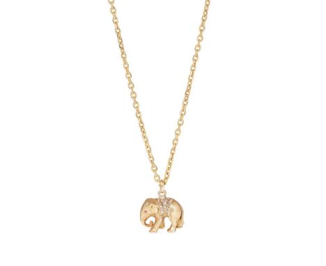 An elephant pendant necklace modelled as an elephant with rose-cut diamond and circular-cut ruby detail, unmarked; suspended 