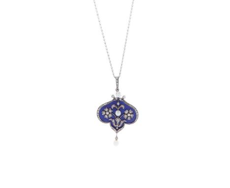 An early 20th century enamel, diamond and pearl pendant the shaped blue guillochée enamel plaque, applied with old brilliant 