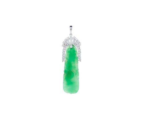 A  jadeite jade and diamond pendant the tapering carved jadeite jade panel suspended from a brilliant and tapered baguette-cu