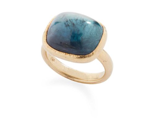 A tourmaline cocktail ring collet-set with a blueish green cabochon tourmaline, mounted in 18ct goldDimensions:Ring size: K/L