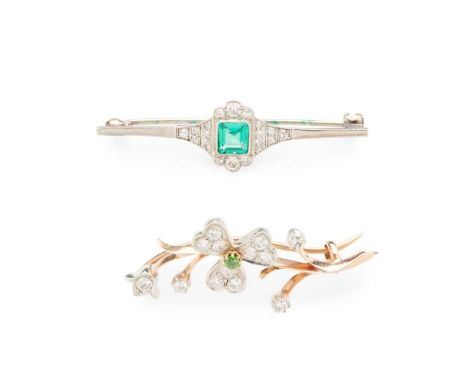 An emerald and diamond brooch, circa 1925 collet-set with a square step-cut emerald in a surround of old round and eight-cut 