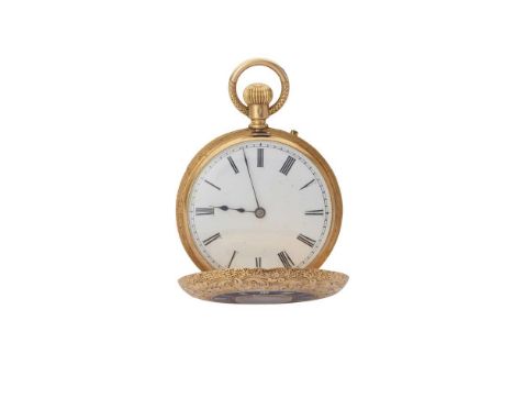 A continental pocket watch half hunter, keyless wind, the case with decorative engraving all over and marked 18K, unsigned mo