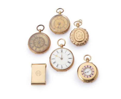 Five various fob watches including one open face, key wind example with full London hallmarks for 1875 and a half hunter exam