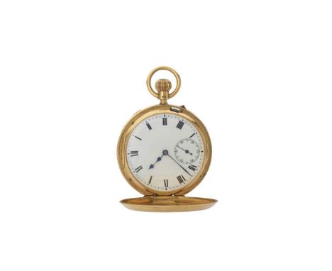 An 18ct gold pocket watch half hunter, keyless wind, unsigned 3/4 plate movement, casefront with central aperture surrounded 