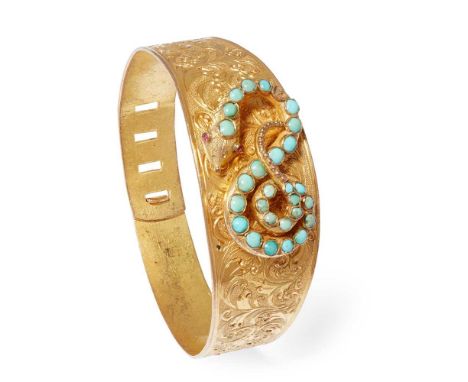 A Victorian turquoise bangle, circa 1870 of tapering design with engraved scrolling detail, the applied snake motif set with 