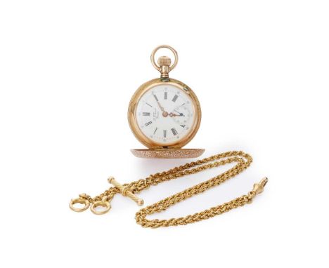 A Continental fob watch full hunter, keyless wind, unsigned movement, round white enamel signed L. F. Tissot, Geneve, Roman n