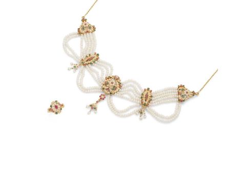 An Indian gem-set necklace and ring the necklace composed of five rows of freshwater pearls with additional swags, set at int