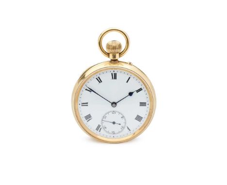 An 18ct gold pocket watch open face, keyless wind, unsigned 3/4 plate movement numbered 340555, round white enamel dial with 