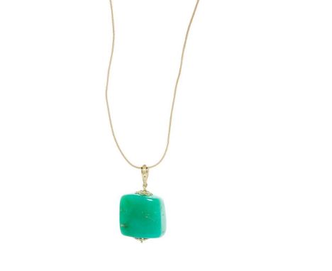 A chrysoprase pendant and ring the pendant suspending a large polished chrysoprase, to a woven link necklace stamped 750; the