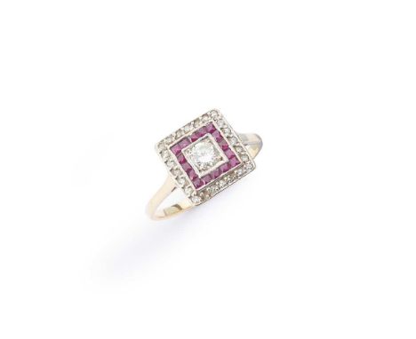 A ruby and diamond cluster ring claw-set with a brilliant-cut diamond in a square border of calibré-cut rubies and single-cut