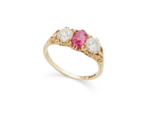 A ruby and diamond ring claw-set with an oval-cut ruby and two old brilliant-cut diamonds, indistinctly markedDimensions:Ring
