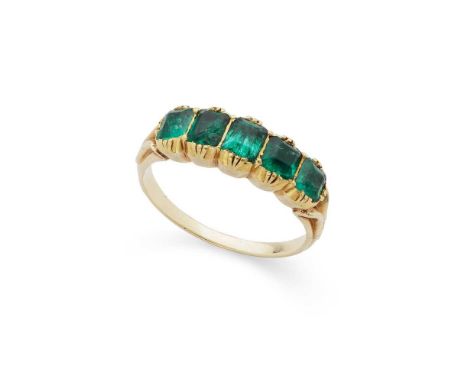 An emerald five-stone ring set with five step-cut emeralds in closed back settings, unmarkedDimensions:Ring size: J/K