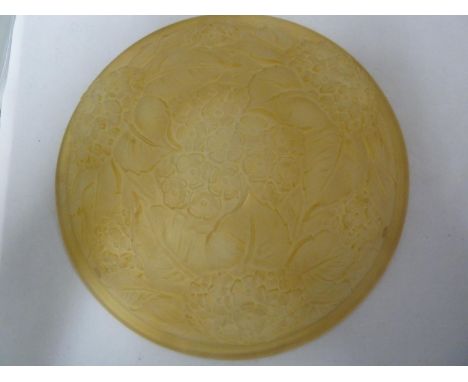 An Art Deco frosted yellow glass plafonnier / light shade, decorated with Hydrangea flower heads and leaves, 35cm max diam 