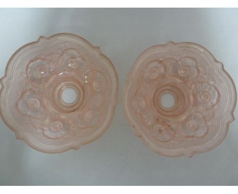 Two Art Deco glass lamp shades, of pale rose pink frosted glass moulded with poppy head flowers, 18cm diam (2) 