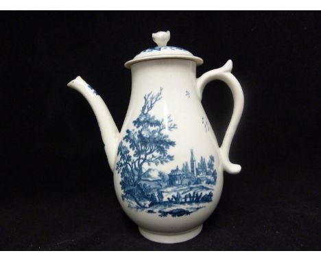 A Worcester porcelain coffee pot, printed in blue with European Landscape pattern of classical ruins and a townscape and tree