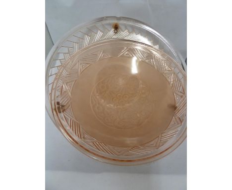 Two Art Deco blush glass plafonniers /light shades, decorated with flowers and geometric motifs, 39cm diam max (2) 