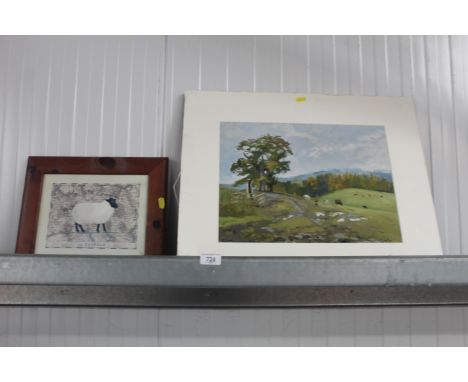An unframed Neptune print and a pine framed print of a Suffolk sheep