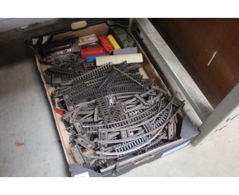 A box containing tin plate and other model trains and track