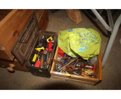 Two boxes containing a quantity of various tools including screwdrivers, tape measures, rotary hand drill etc