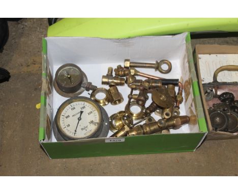 A box containing a pressure gauge, a quantity of various brass valves/gas pipe fittings etc.