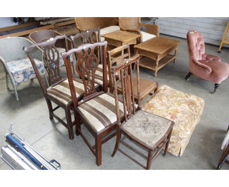 Three Chippendale style chairs, dining chair, bedroom chair and footstool