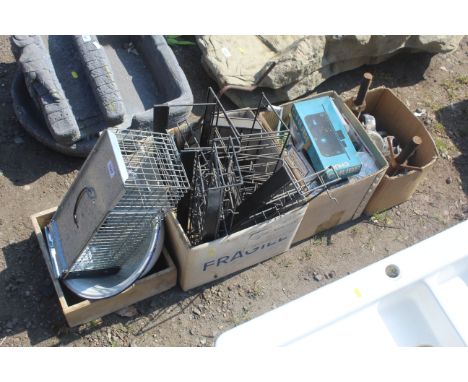 A quantity of various metal ware to include hanging racks, track, castor wheels, an enamel bowl etc.