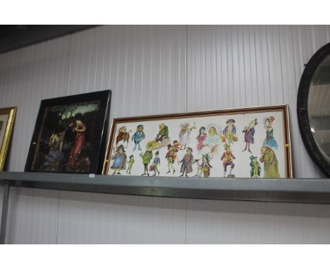 A gilt framed oil study of Dickens characters and framed coloured print