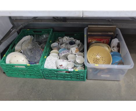 Three boxes containing various glass and china; Royal Commemorative books; enamel ware etc. 