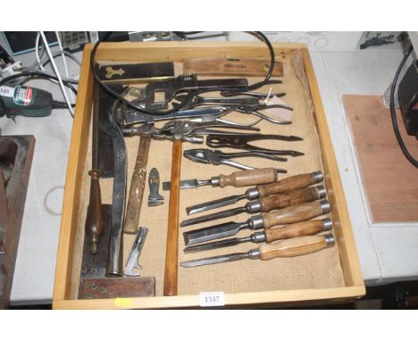 A quantity of vintage tools to include adjustable spanners, wooden handled chisels, a Record No.10 pipe wrench, a Marples Tor