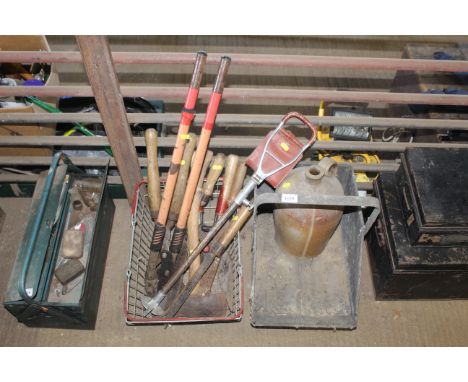 A quantity of gardening tools to include loppers, hand axe, shooting stick, stoneware bottle, galvanised trough