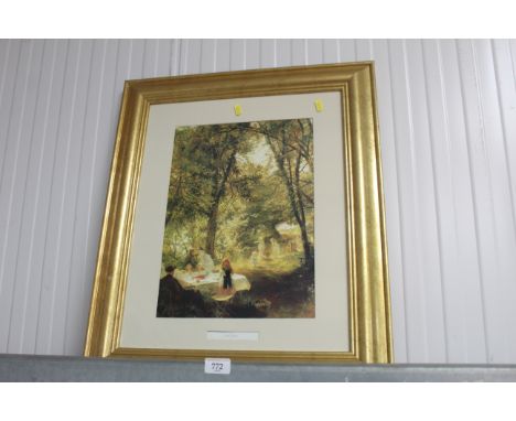A gilt framed coloured print entitled " Our Picnic"
