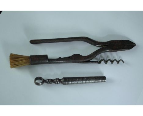 Rare 19th century Champagne wire cutters with folding corkscrew and cork brush along with a early 19th century steel travel c