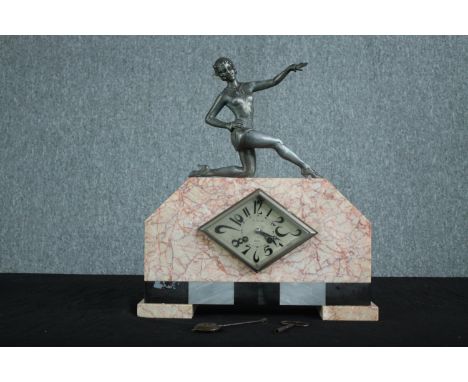 Mantel clock, Art Deco marble and chrome with figural surmount. With key and pendulum. H.42 W.37 D.11cm. 