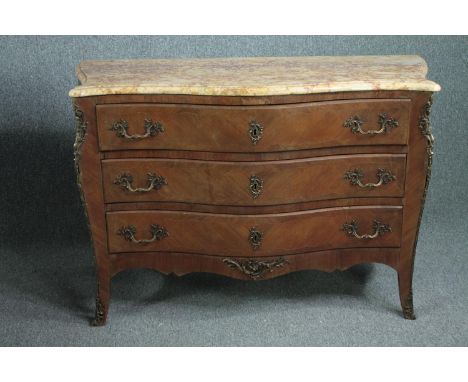 Commode chest, Louis XV style, kingwood and satinwood inlay with marble top and ormolu mounts. H.80 W.123 D.49cm. 