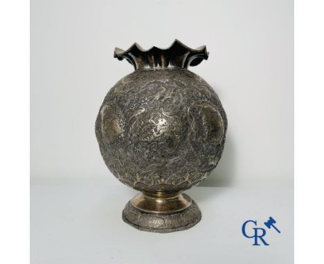 Silver: Vase in silver (Iran?) with a fine backdrop of birds in a floral landscape, forest animals and characters. Multiple h