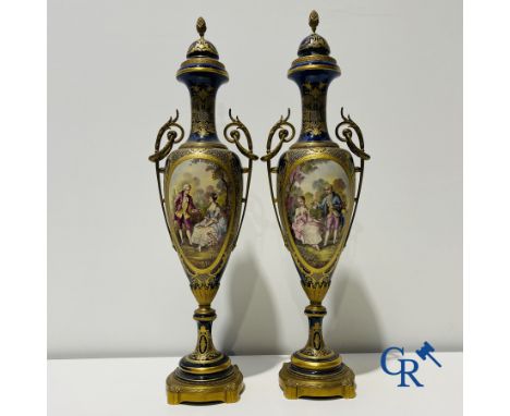 Sèvres: Poitevin. Pair of large vases in faience and bronze frames with romantic scenes. LXVI style. Marked in the lid. 19th-